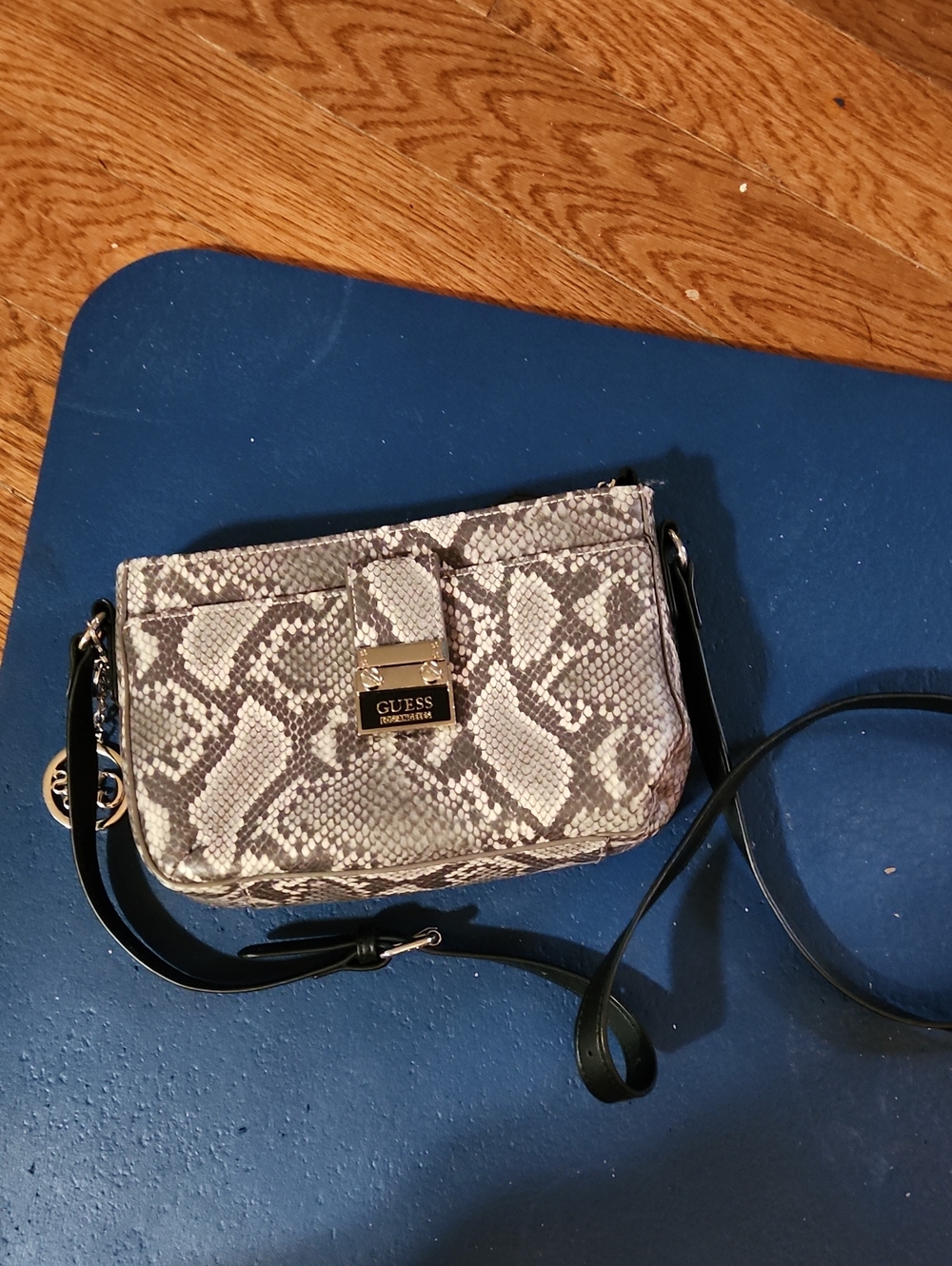GUESS Snake-Print Crossbody in Black and Gray with Silver Accent